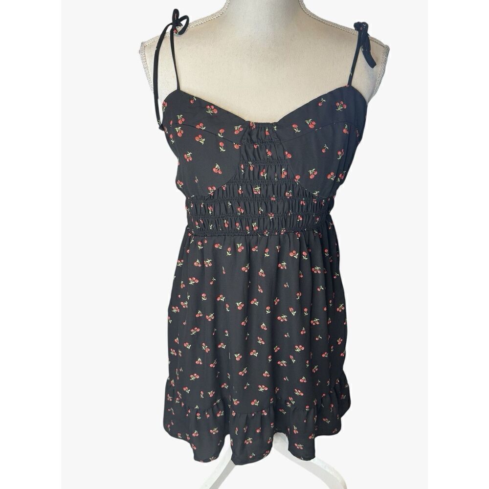 Le Lis Mini Dress Womens Black Cherry Print Lined Sleeveless Y2K Babydoll Coquet